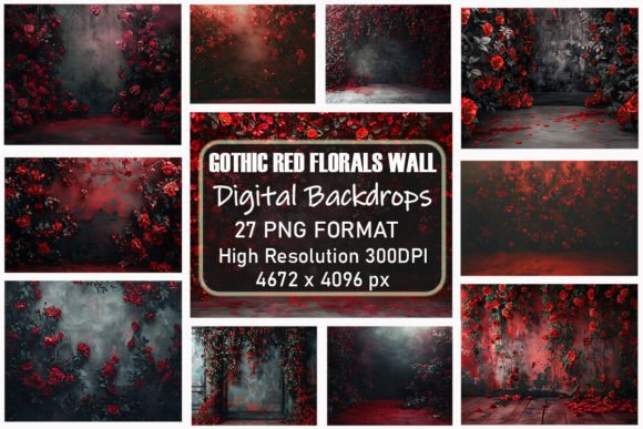Download Gothic Red Flowers Wall Digital Backdrop - Digital Collection